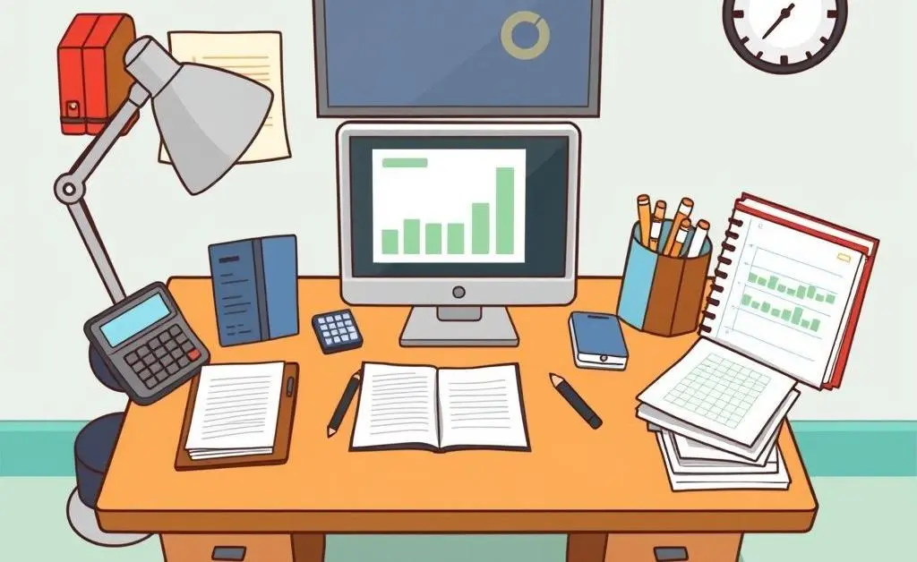 Cartoon style image of a neat desk with financial planning tools like calculators and planners.