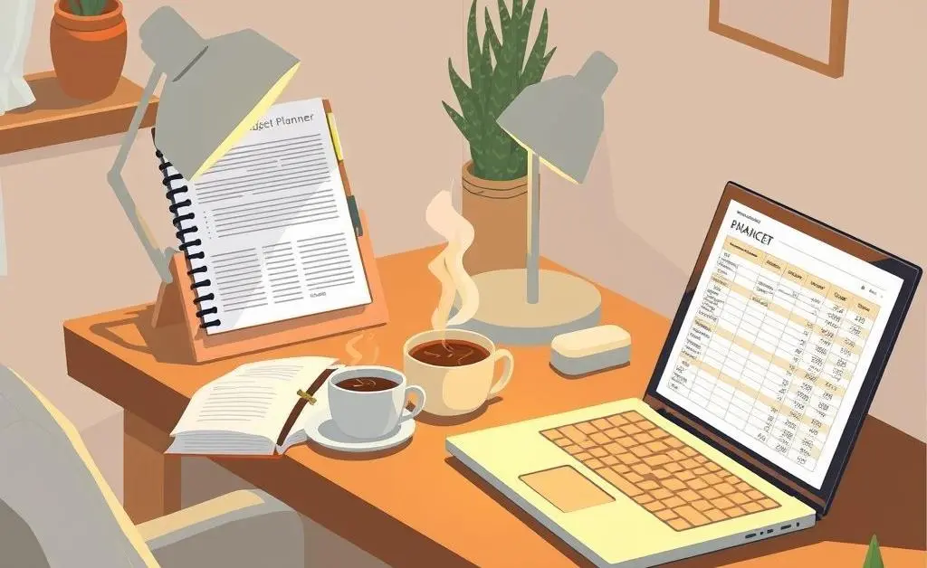 A cozy desk setup with a budget planner and financial documents.