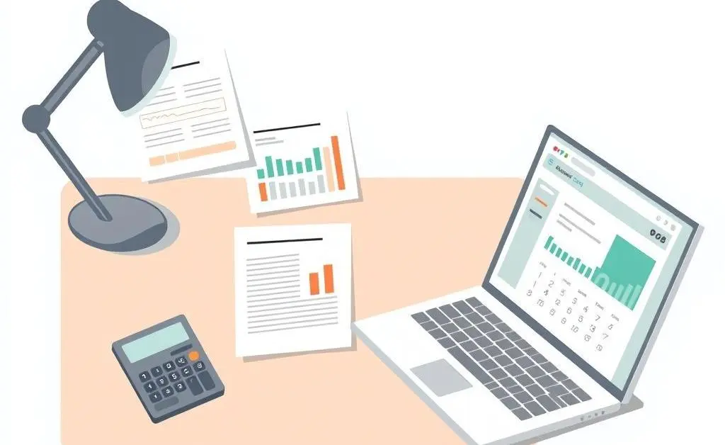 A desk with budgeting papers, a calculator, and a financial planning app.