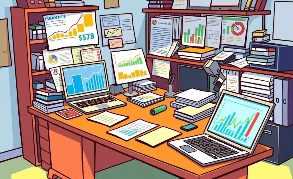 A desk with financial planning documents and a laptop.