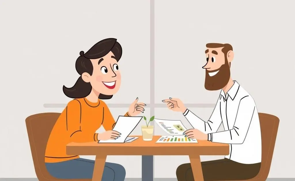 A modern cartoon image of a couple discussing financial planning at a table.