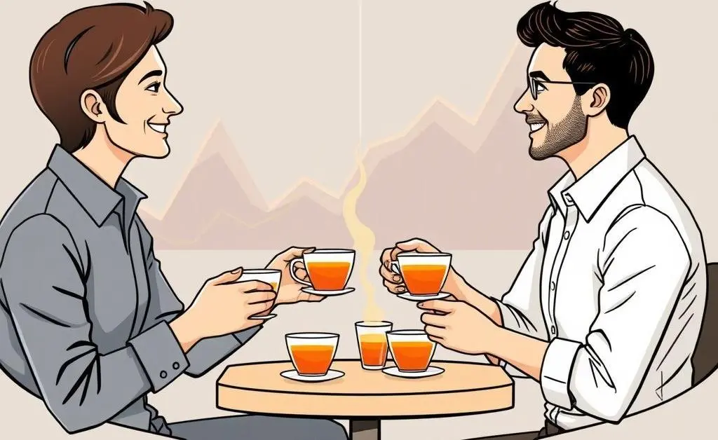 Two friends having a friendly conversation over tea with financial graphs in the background