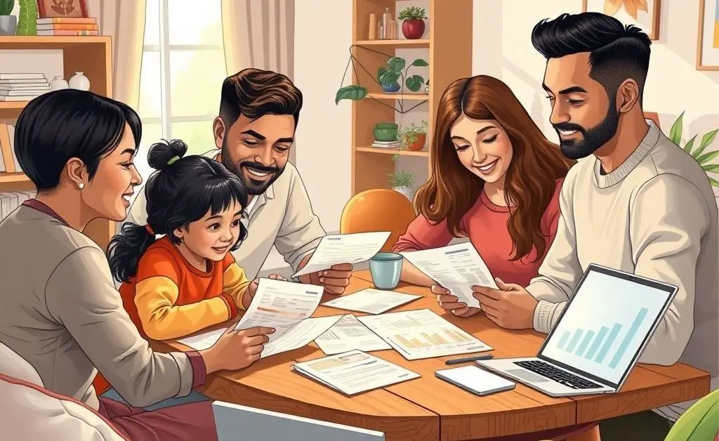 Illustration of diverse family handling financial documents on a desk