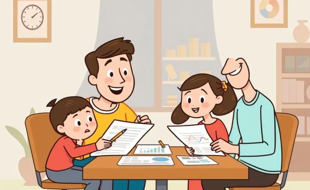Cartoon-style image showing a family planning finances with tables and charts.