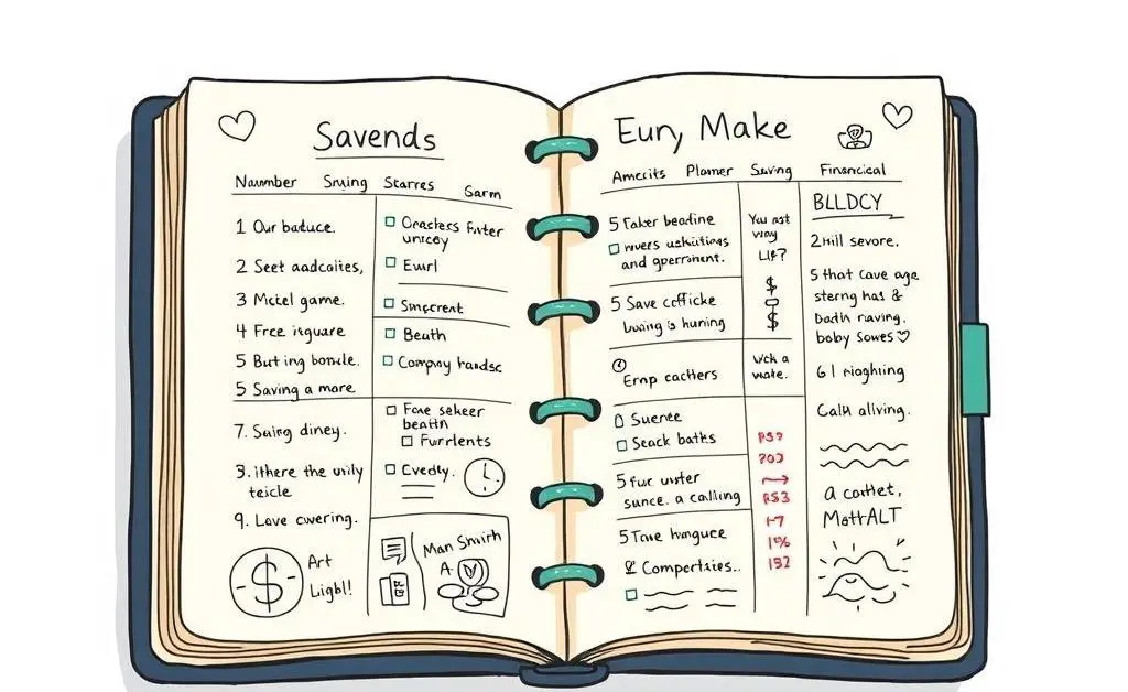 An open financial planner with notes and doodles about saving and budgeting.