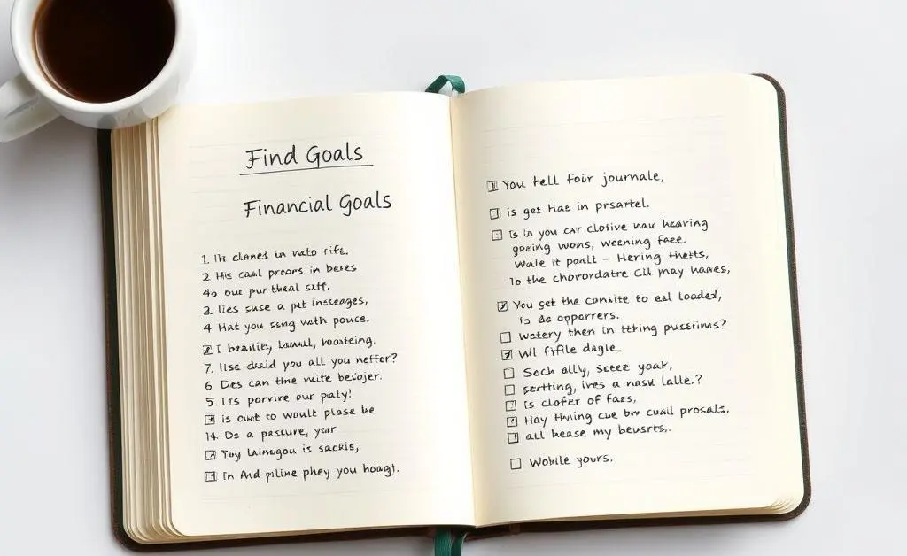 An open journal with handwritten financial goals and a coffee cup nearby.