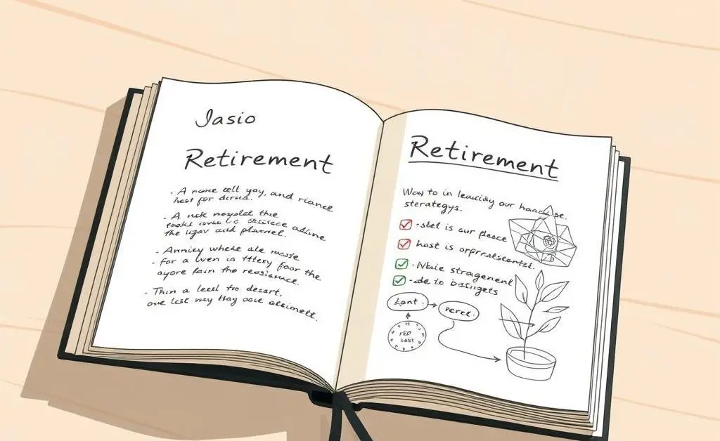 A minimalist drawing of a journal open on a table with notes about retirement planning.