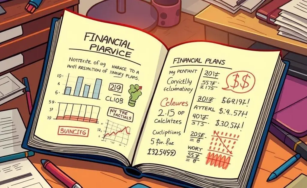 A notebook with financial plans and calculations.