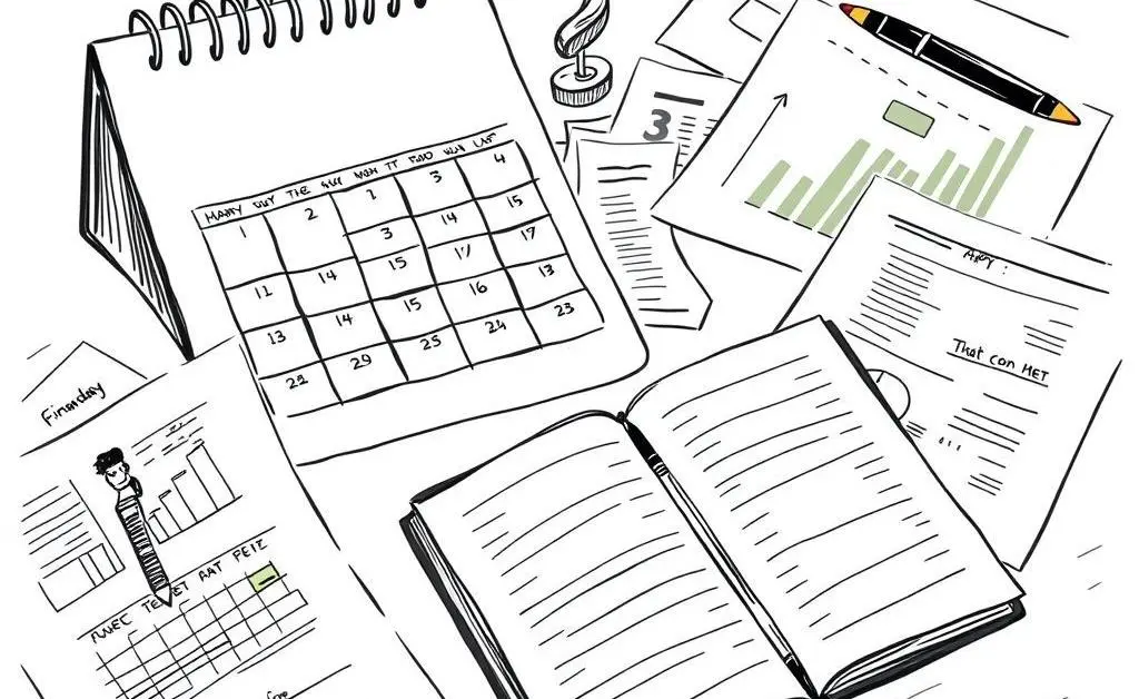Calendar and financial documents on a table, symbolizing planning and organization.