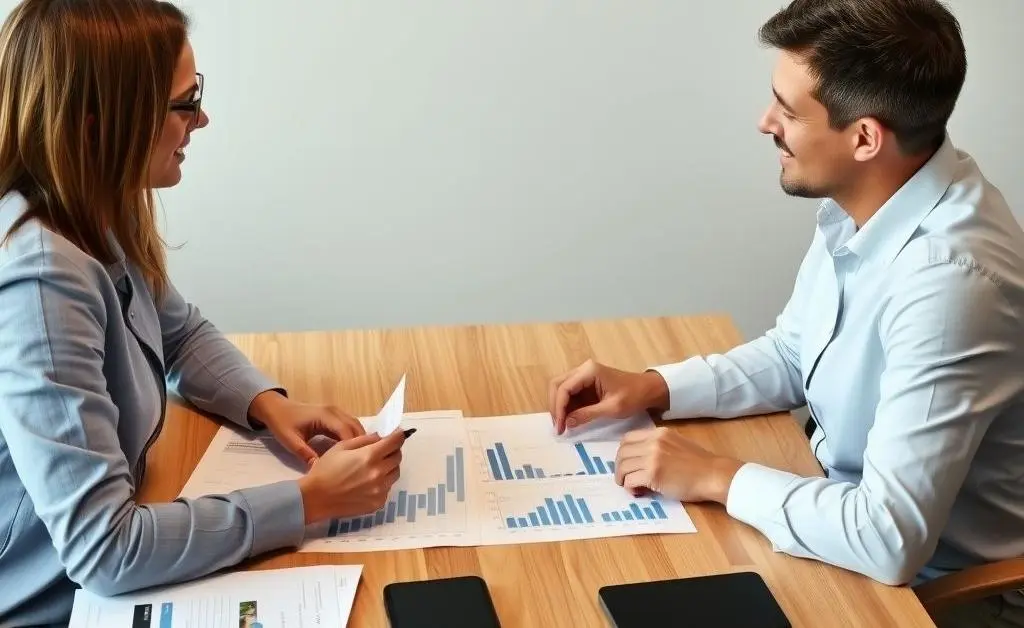 A meeting scene with two people discussing finances over a table with charts and housing brochures.