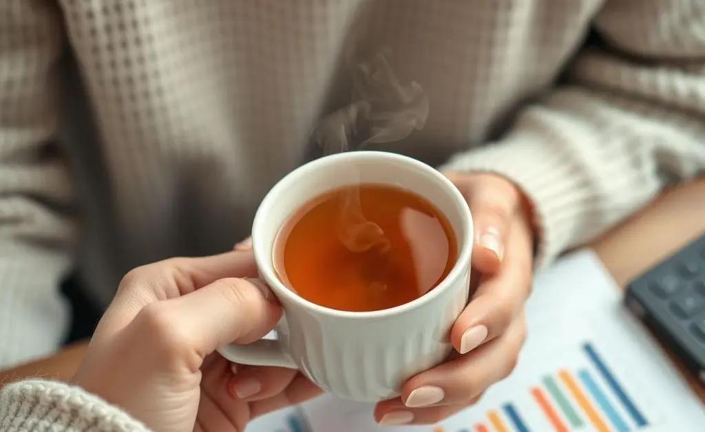 A cozy scene of a person holding a steaming cup of tea, with a financial planner and graphs in front of them.