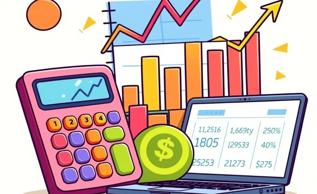 Cartoon-style illustration of financial tools like calculators, charts, and a laptop.