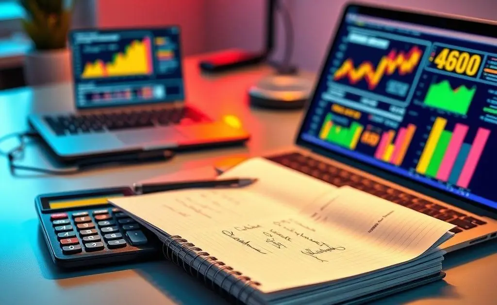 A desk with colorful financial planning tools including a calculator, a notebook, and a laptop