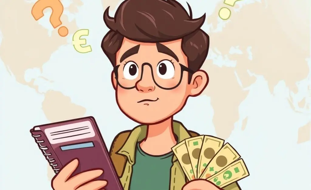 Person planning finances and travel with maps and currency