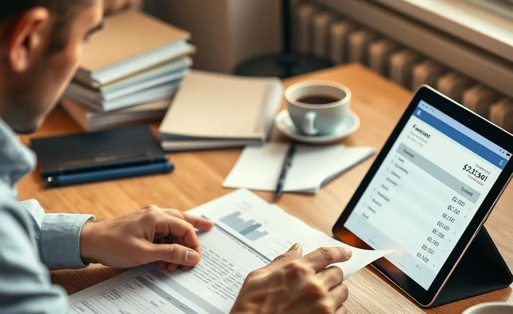 A person planning finances on paper while checking a bank statement on a tablet