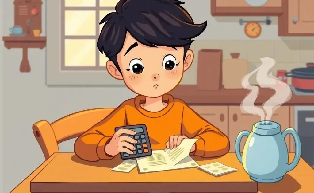 A cartoon person budgeting at a kitchen table, surrounded by bills and a calculator.