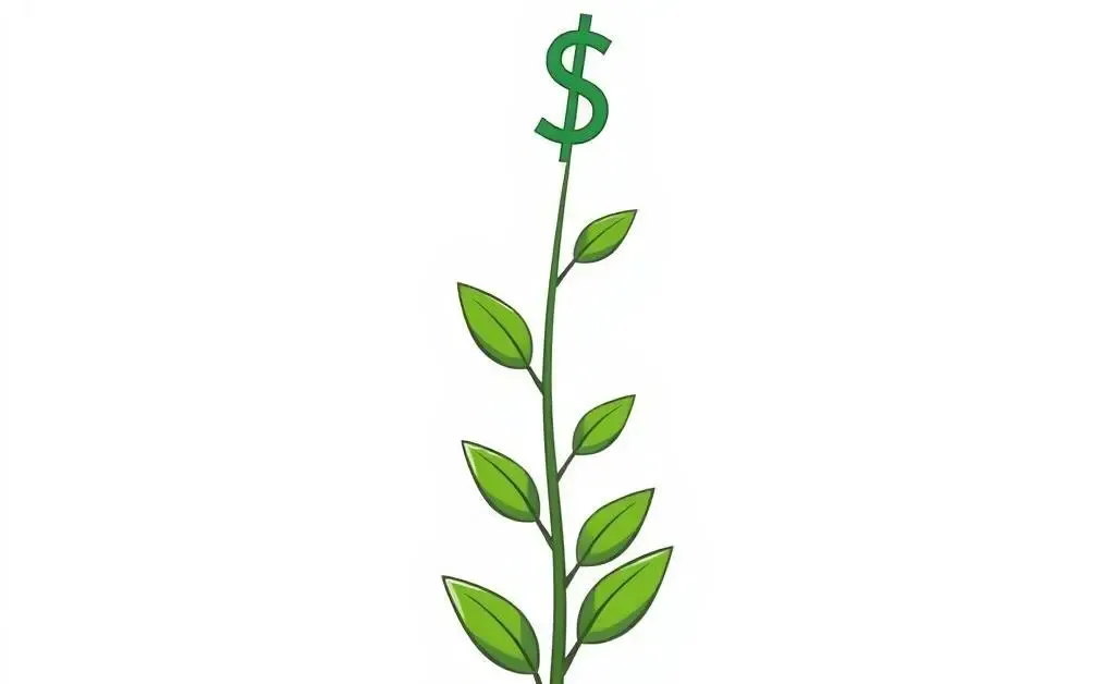 A minimalist cartoon of a growing plant with dollar signs representing financial growth