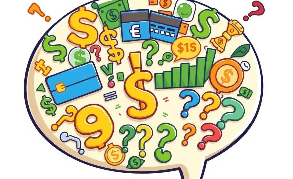 Chat bubble filled with various financial questions and symbols.