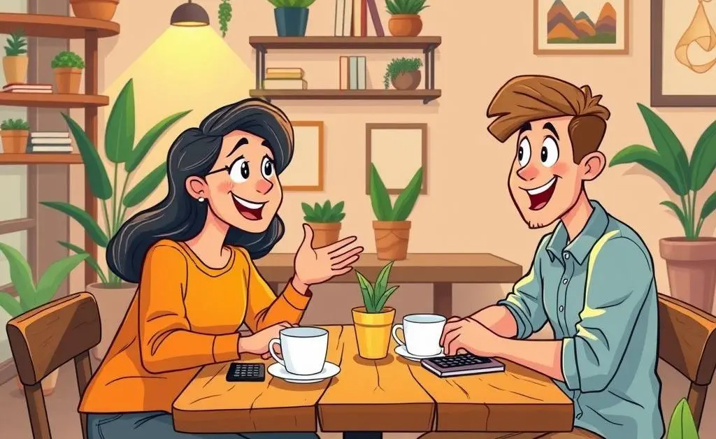 A cartoon of two friends having a discussion about financial planning in a cafe.