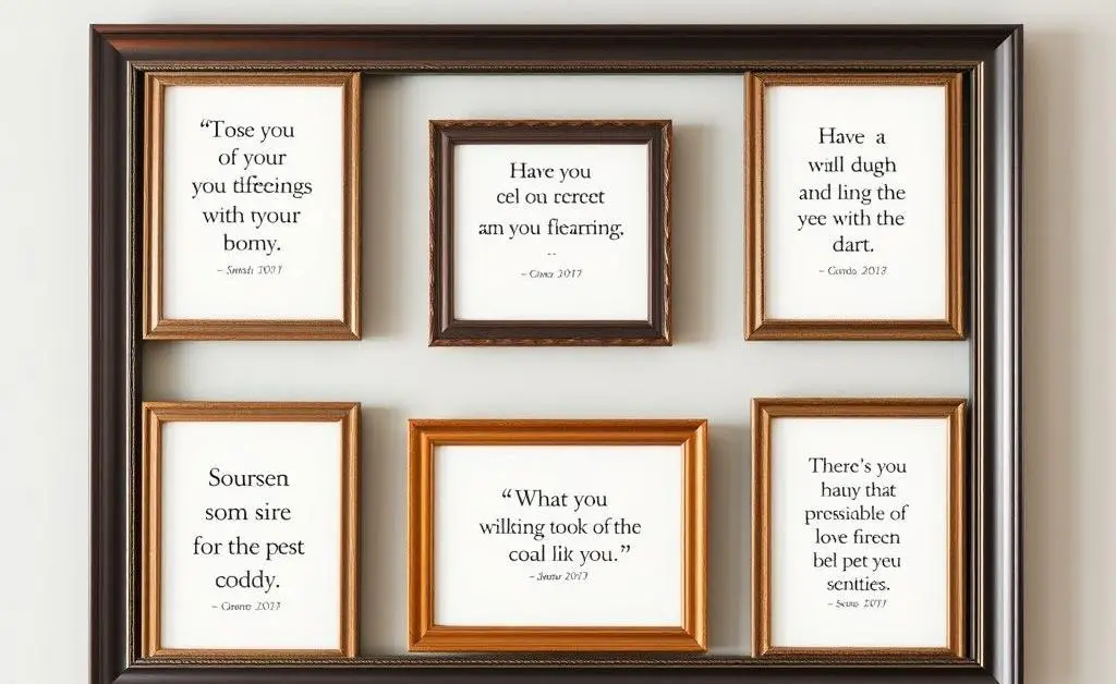 Picture frames on a wall displaying motivational financial quotes