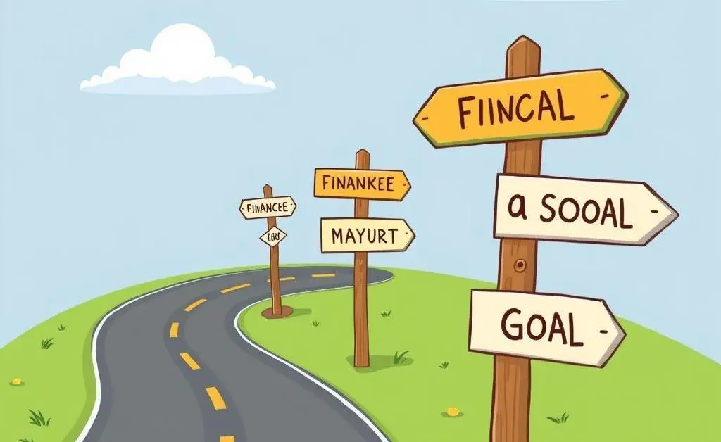 A comic-style road with signposts indicating different financial decisions, with a person choosing a path thoughtfully.