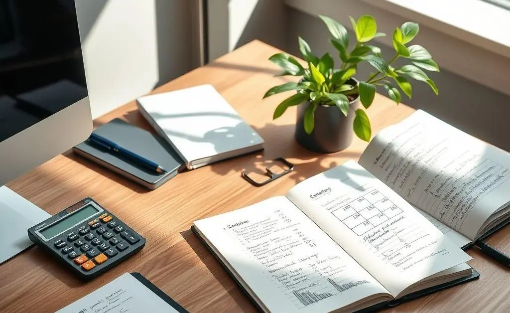 Desk filled with financial planning resources
