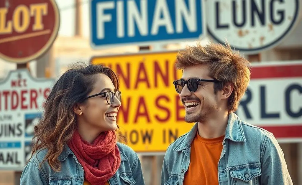 Two friends having a lighthearted discussion about financial roadblocks with vintage road signs in the background