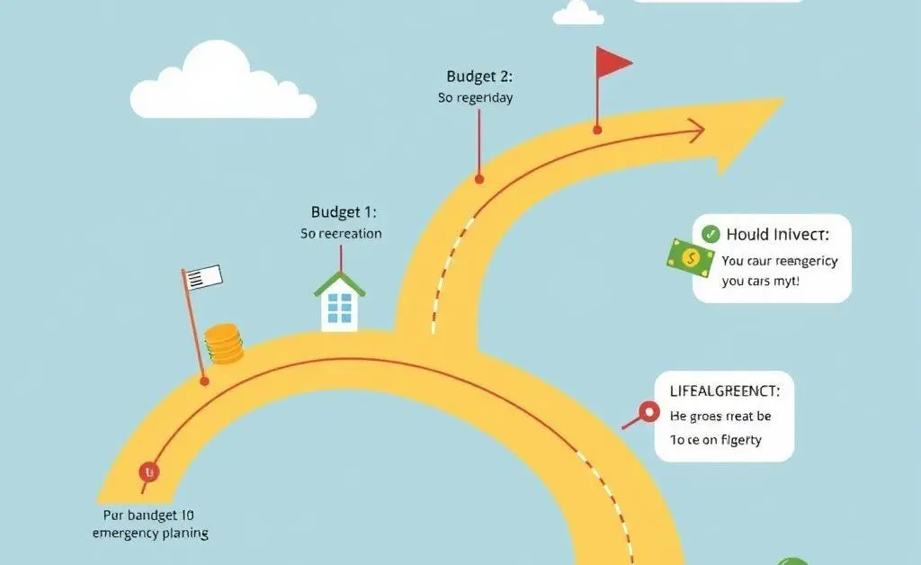 A cartoon-style roadmap with financial milestones