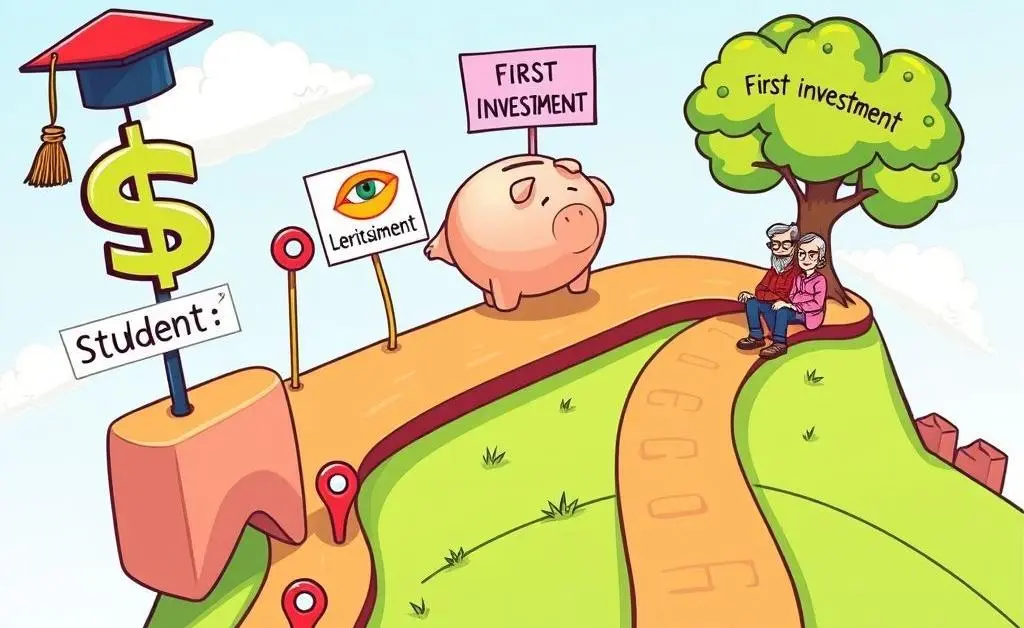 A cartoon-style roadmap with milestones like 'Student Debt', 'First Investment', 'Retirement Plan'.