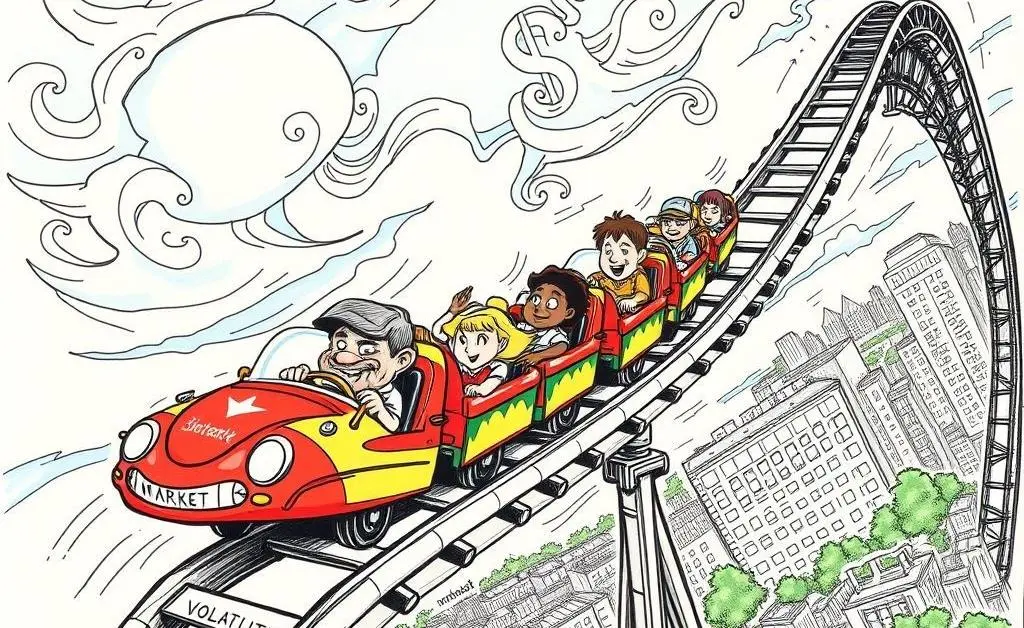 Hand-drawn roller coaster labeled with financial terms like 'Bull Market,' 'Bear Market,' and 'Volatility'