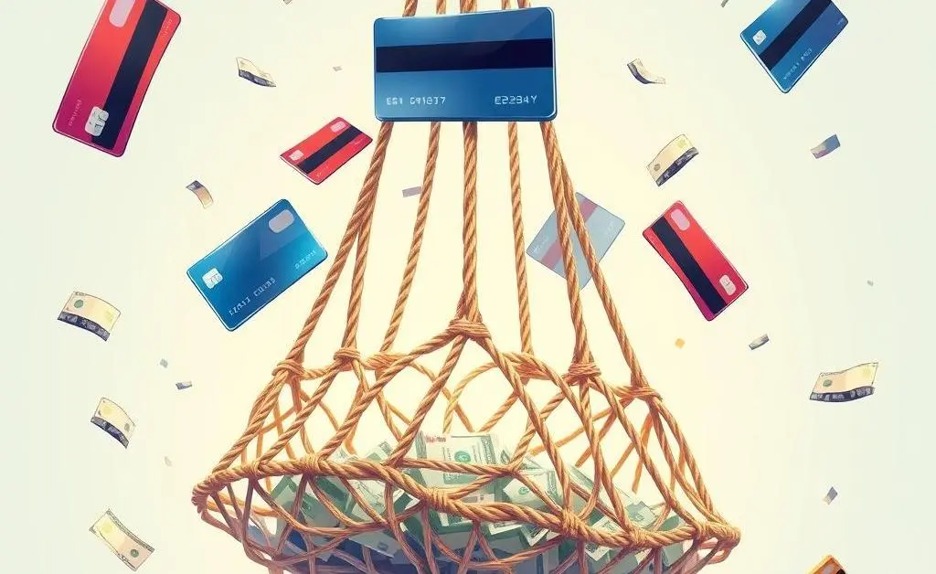 Illustration of a safety net catching falling credit cards and cash.