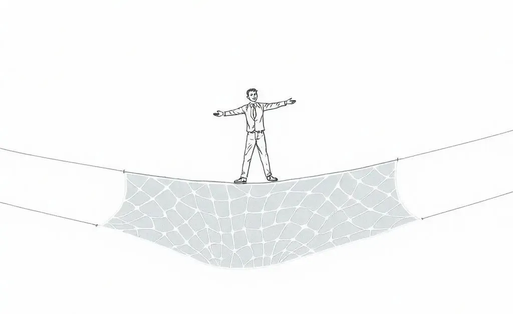 Drawing of a safety net underneath a tightrope walker representing financial safety
