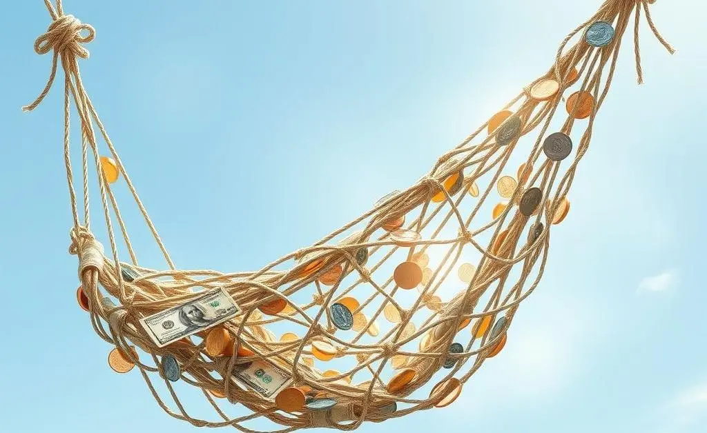 Illustration of a safety net made of dollar bills and coins.