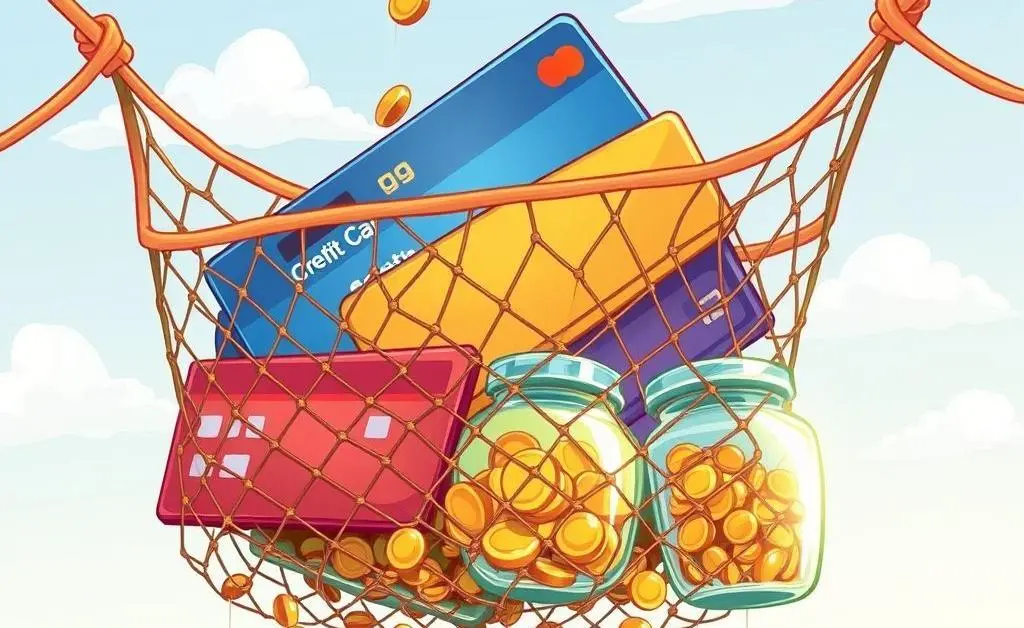 A cartoon of a safety net made of credit cards and savings jars, catching small coins falling from above.