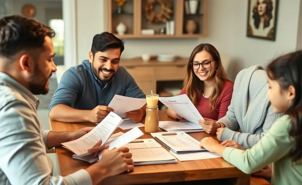 A family discussing their finances at a dining table.