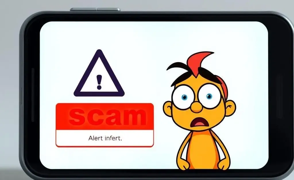 A mobile phone displaying a 'Scam Alert' message next to a surprised cartoon character.