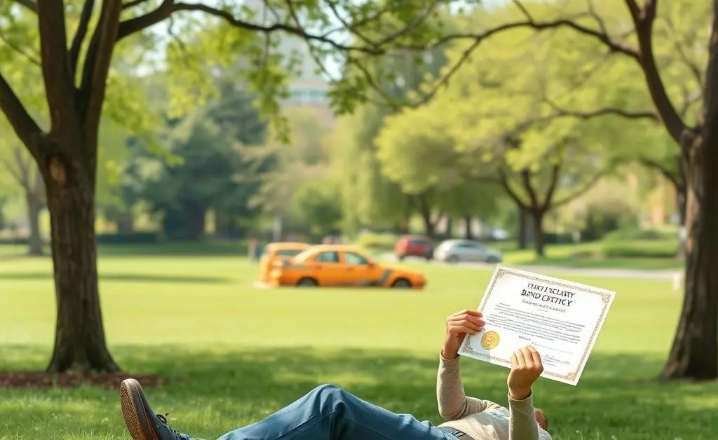 A relaxed scene illustrating financial security, with a person sitting in a peaceful park while holding a bond certificate.