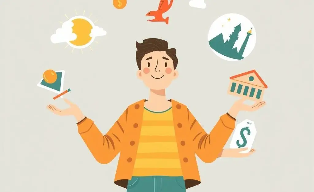 Illustration of a person juggling symbols of self-care, adventure, and financial growth.