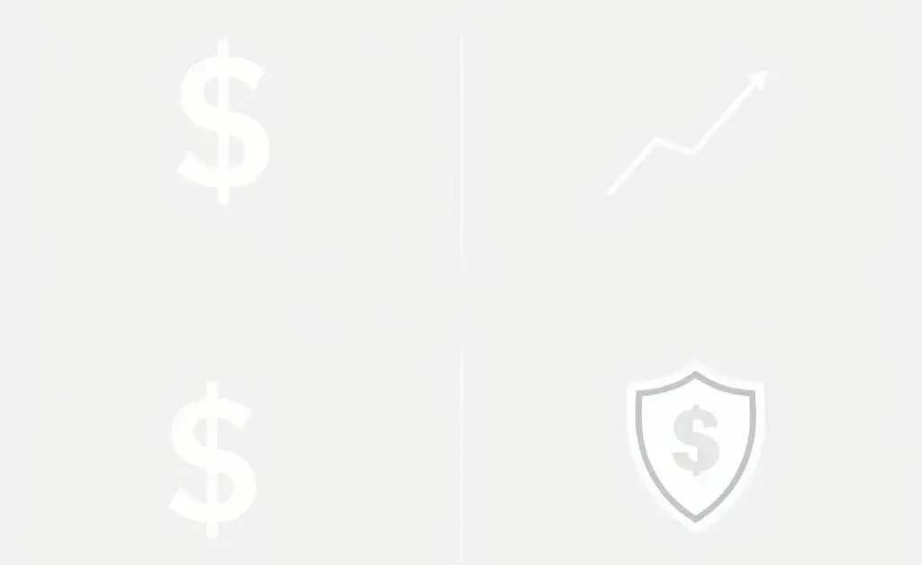 A minimalist set of icons representing financial stability, like a dollar sign, a graph, and a shield