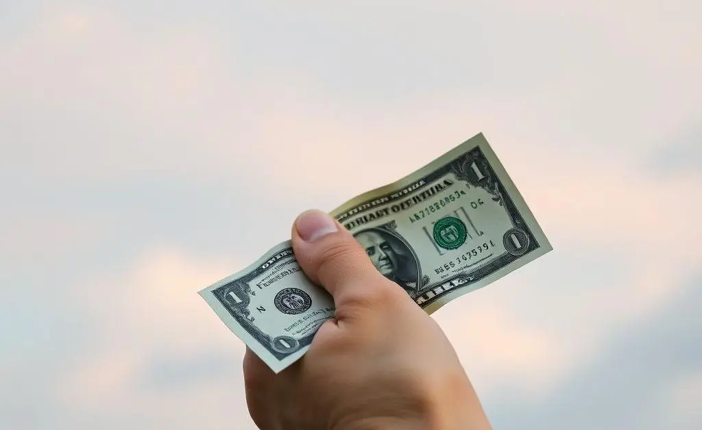 A hand holding a US dollar bill with a stable, serene background.