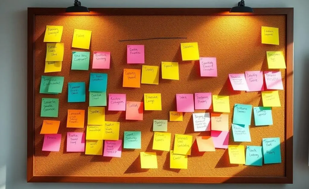 A creative brainstorm board for financial planning, complete with sticky notes and a calculator.