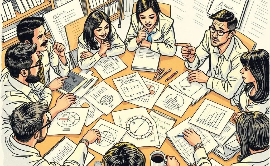 Hand-drawn image of a brainstorming session with charts and graphs on a table