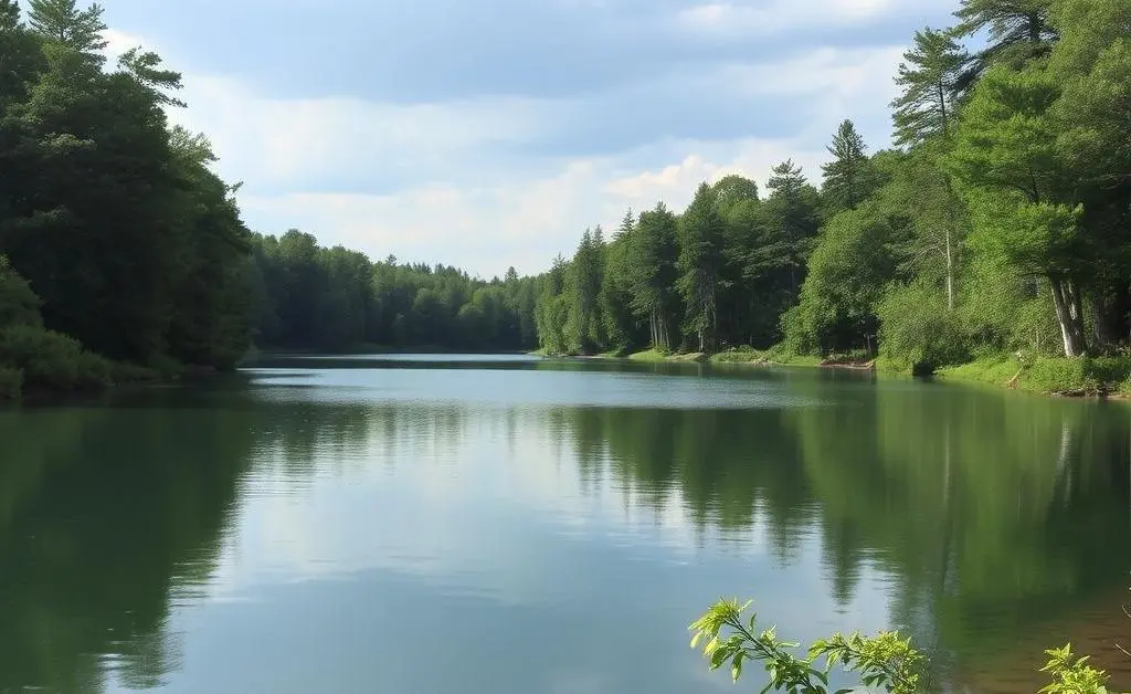 A tranquil scene in nature suggesting stress relief, like a calming lake surrounded by trees