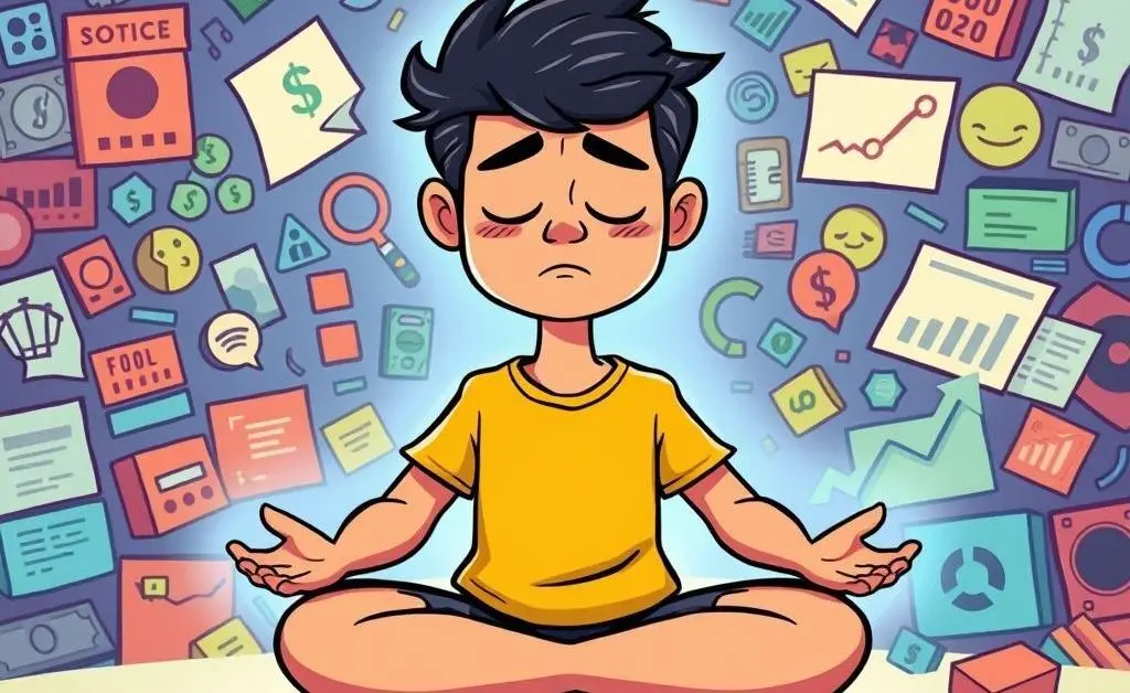 A cartoon of a relaxed person meditating amidst financial stress symbols.