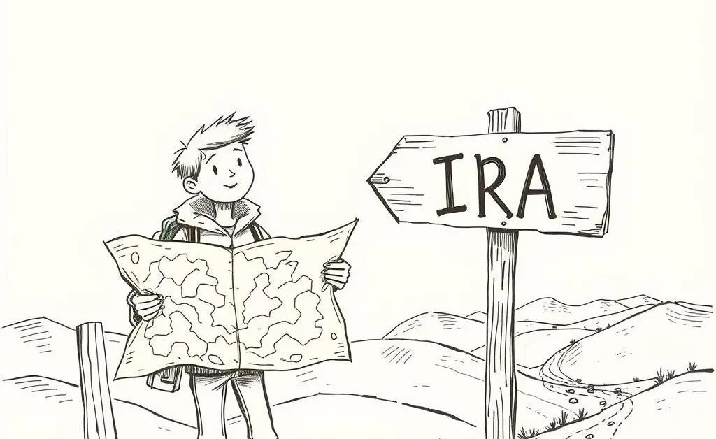 A hand-drawn style of a person on a journey towards financial success, with a map and a sign indicating Roth IRA.