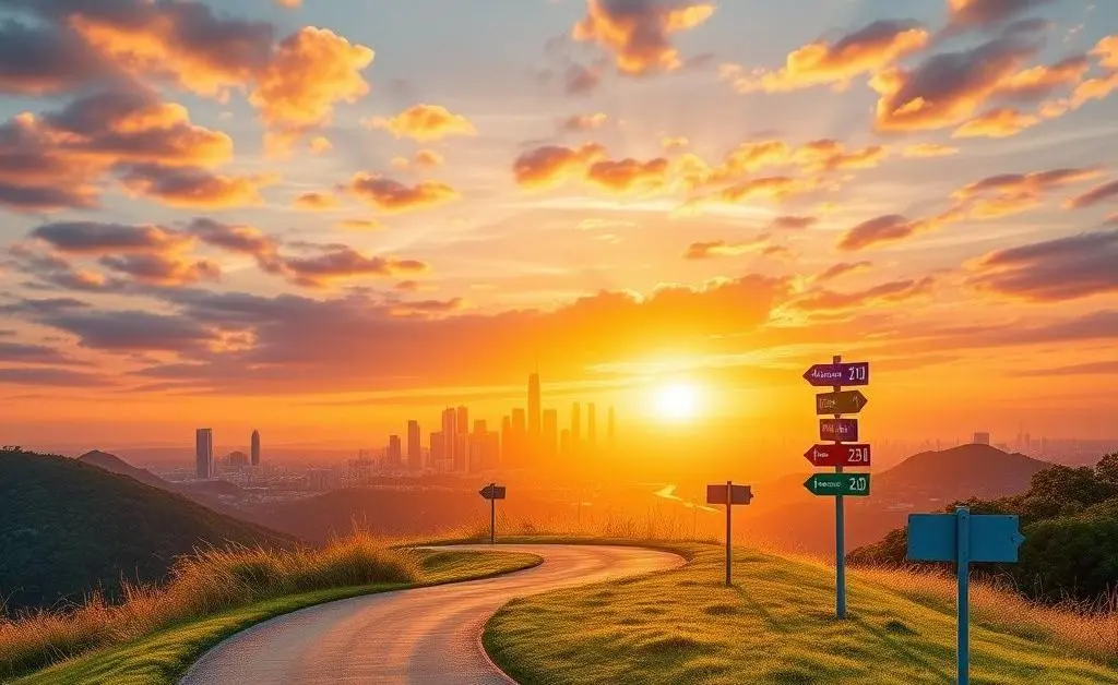 A winding path leading to a skyline symbolizing financial success, with signposts along the way.