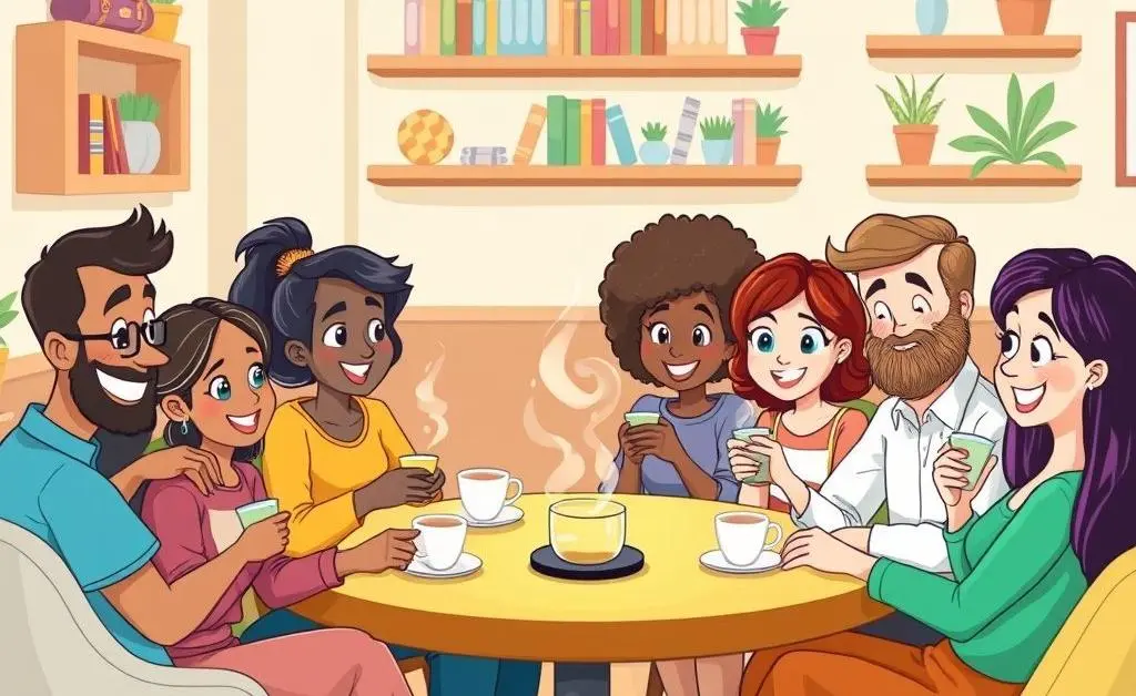Cartoon-style image of a friendly support group discussing finances over coffee.