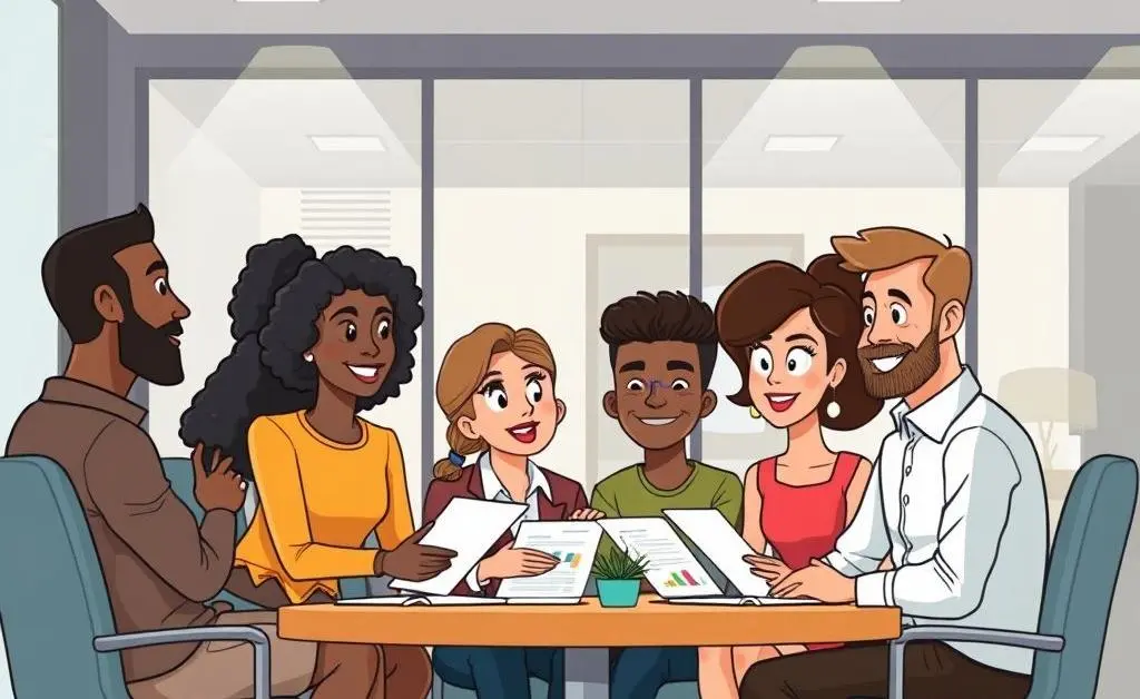 Cartoon of a team discussing financial strategies