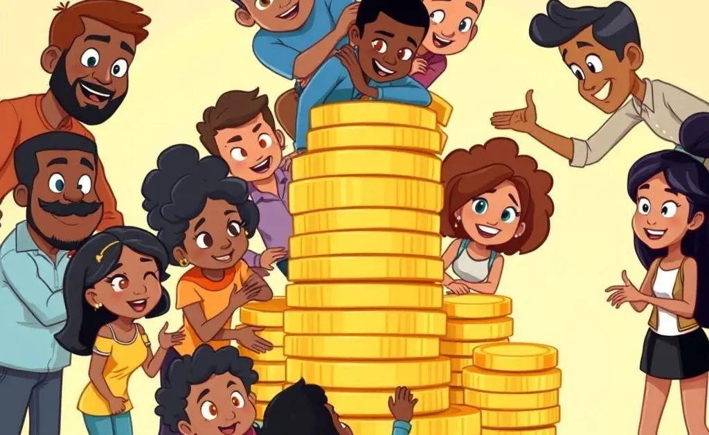 Group building a coin tower