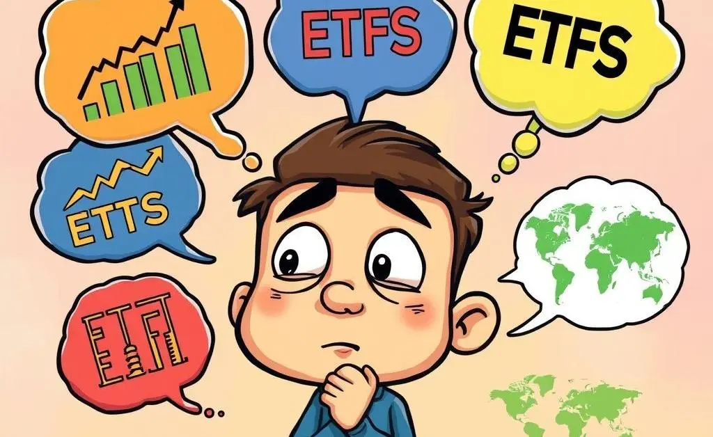 Character contemplating financial decisions with thoughts of stocks and global markets.